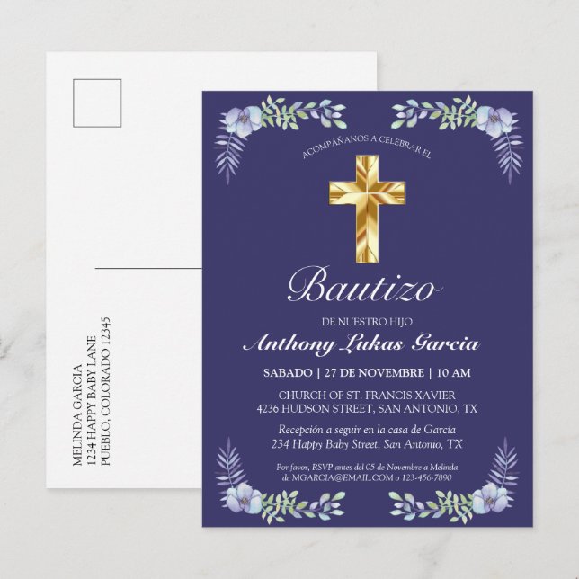 Postal De Invitación Elegante Lavanda Cruz De Oro Bautizo Bebé (Anverso / Reverso)