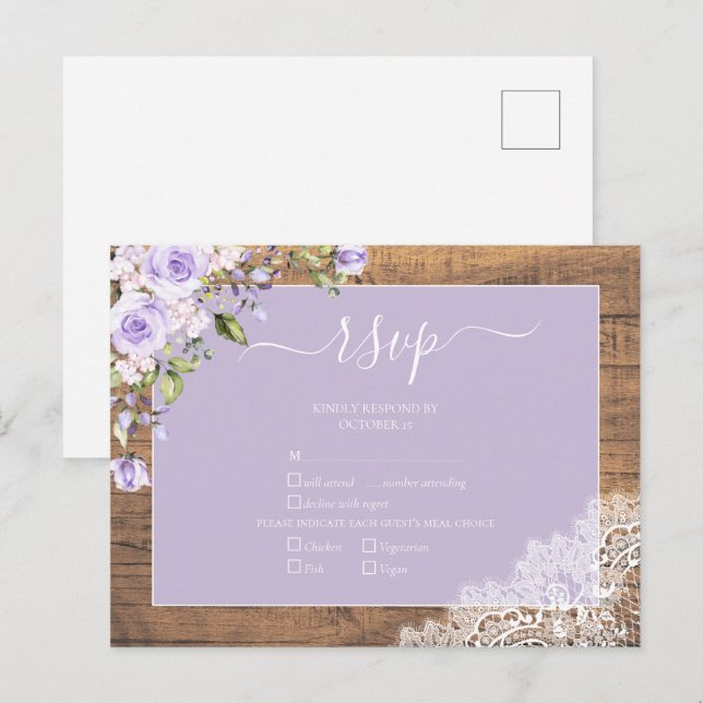 Postal De Invitación Elegante Lilac Lavanda Rústica Boda de encaje RSVP (Anverso / Reverso)