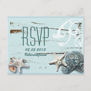 Postal De Invitación Elegante madera BLue Seashells Beach Wedding rsvp