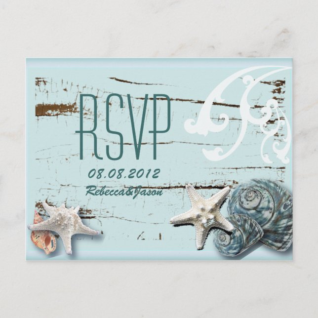 Postal De Invitación Elegante madera BLue Seashells Beach Wedding rsvp (Anverso)