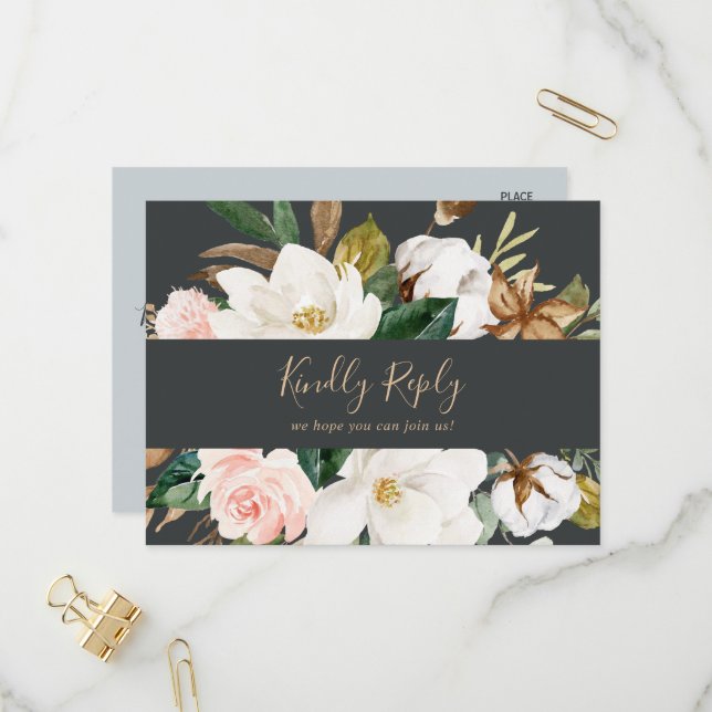 Postal De Invitación Elegante Magnolia Black Song Request RSVP Postcard (Anverso/Reverso In Situ)