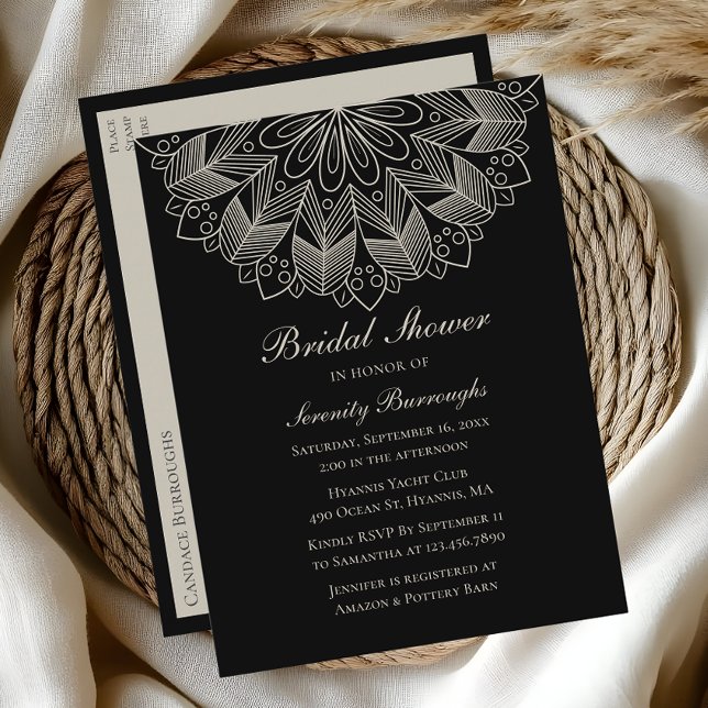 Postal De Invitación Elegante Mandala Boho indio ducha de novia negra (Subido por el creador)
