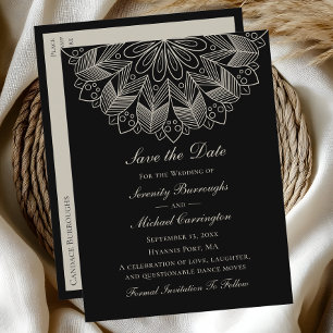 Postal De Invitación Elegante Mandala Boho Negro Salven al Boda de cita
