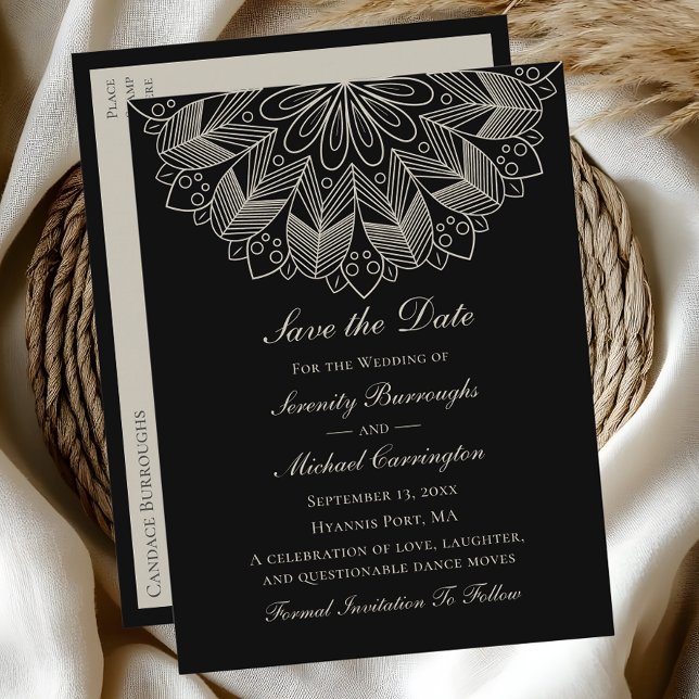 Postal De Invitación Elegante Mandala Boho Negro Salven al Boda de cita (Subido por el creador)