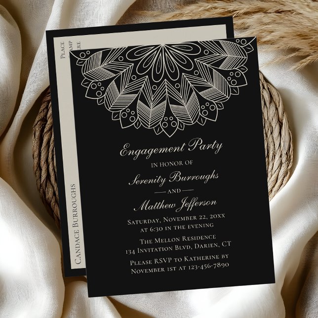 Postal De Invitación Elegante Mandala Partido de Compromiso Negro Boho  (Subido por el creador)