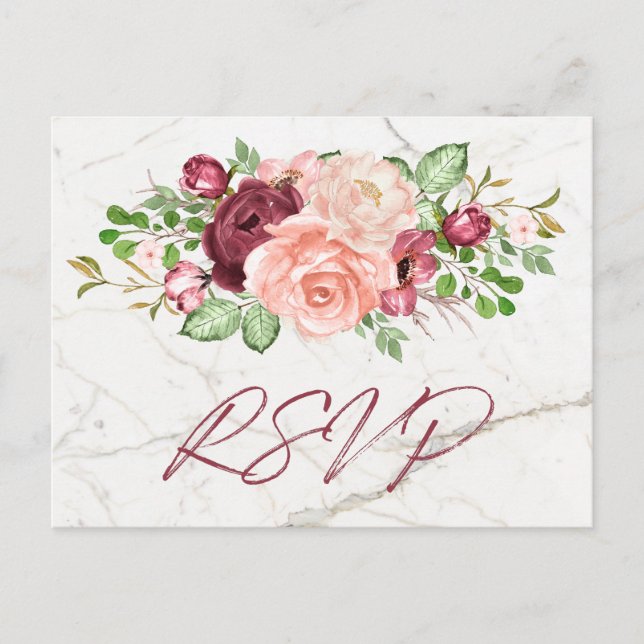 Postal De Invitación Elegante Marble Burgundy Mauve Peach RSVP (Anverso)