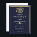 Postal De Invitación Elegante Marina Azul y Mascarada de Oro Dulce 16 F<br><div class="desc">Elegante Mascarada Azul y Oro de la Marina 16 Invitaciones postales Fiestas. Con una falsa máscara de Relieve metalizado dorado en la parte superior contra un fondo azul marino. Perfecto para una fiesta de 16 cumpleaños moderna y elegante.</div>