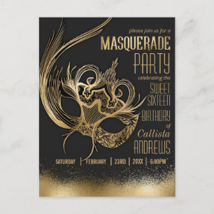 Postal De Invitación Elegante Máscara de Mascarada Negra de Oro Dulce