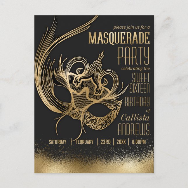 Postal De Invitación Elegante Máscara de Mascarada Negra de Oro Dulce (Anverso)