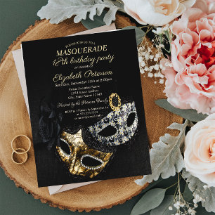 Postal De Invitación Elegante Máscara Negra, Máscara Cumpleaños 18