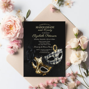 Postal De Invitación Elegante Máscara Negra, Máscara Cumpleaños Dulce 1