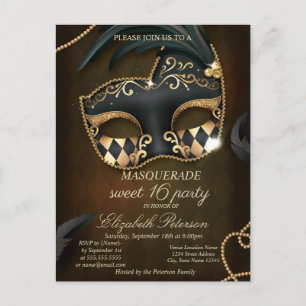 Postal De Invitación Elegante Mascarada Sweet 16 