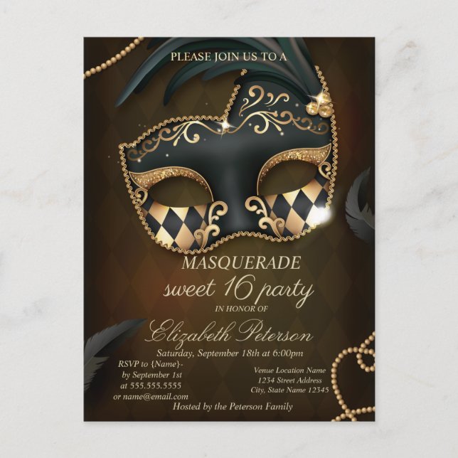 Postal De Invitación Elegante Mascarada Sweet 16  (Anverso)