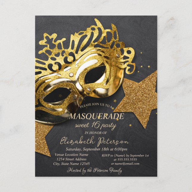 Postal De Invitación Elegante Masque de Oro Estrellas Dulce 16 (Anverso)