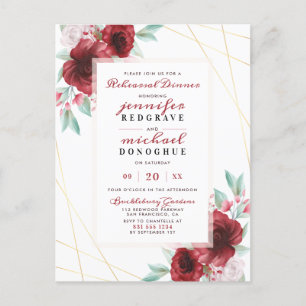 Postal De Invitación Elegante Merlot Glam Rosas Ensayo Floral Cena