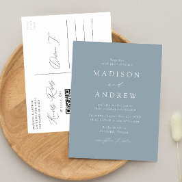Postal De Invitación Elegante Moderno Código QR Boda Azul Polvoriento