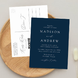 Postal De Invitación Elegante Moderno Código QR de Boda Azul Marino