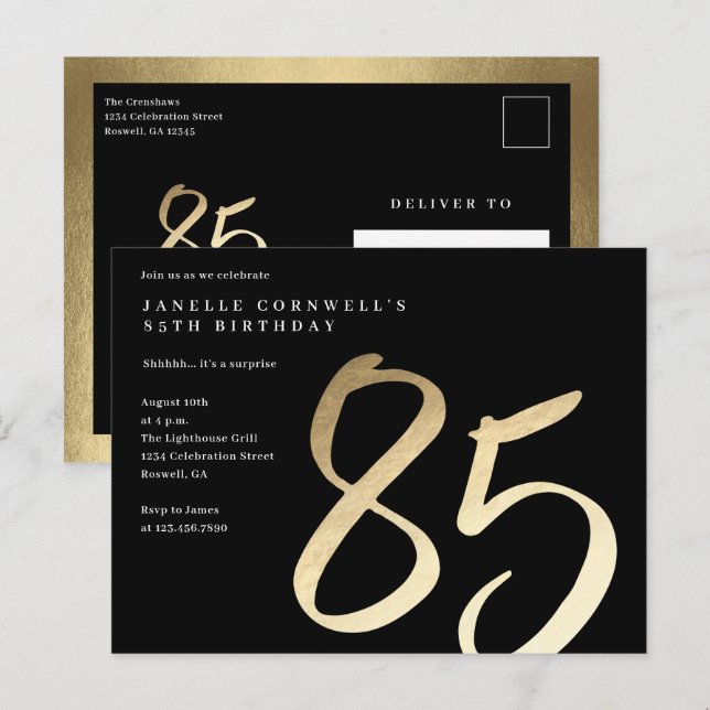 Postal De Invitación Elegante Moderno Oro Cumpleaños 85 (Anverso / Reverso)
