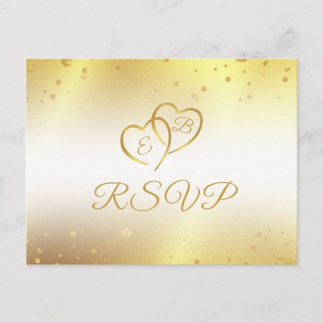 Postal De Invitación Elegante Monograma Corazones Faux Metallic Gold RS (Anverso)