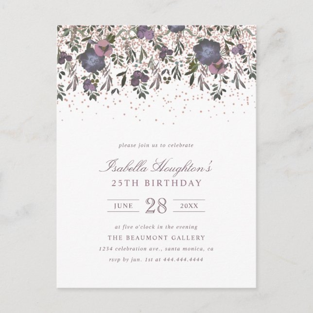 Postal De Invitación Elegante Morado Acuarela Floral Drop Cumpleaños (Anverso)
