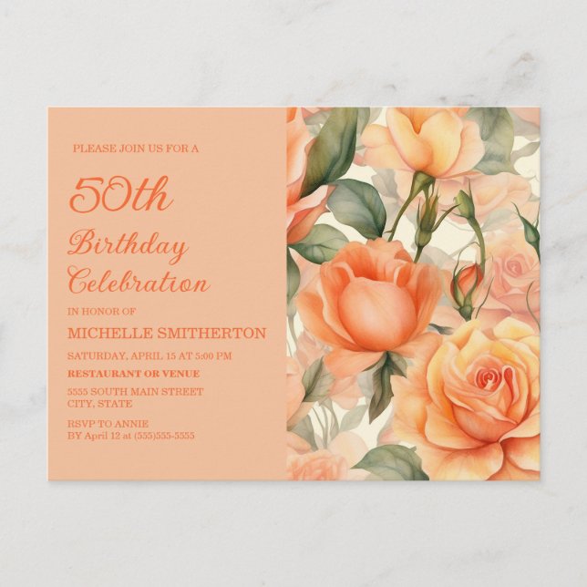 Postal De Invitación Elegante Naranja Peach Rosas Florales 50 cumpleaño (Anverso)