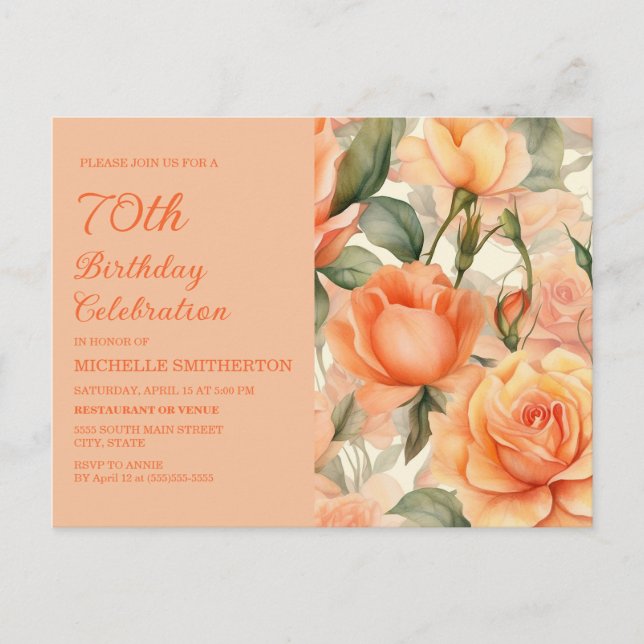 Postal De Invitación Elegante Naranja Peach Rosas Florales 70 cumpleaño (Anverso)
