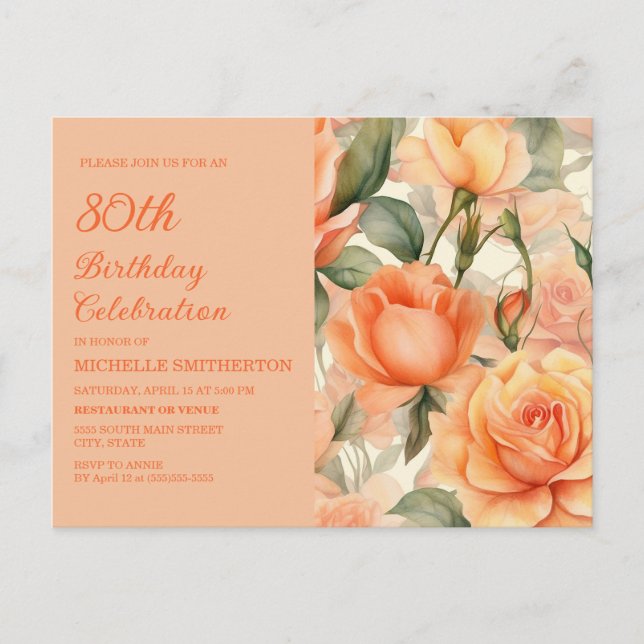 Postal De Invitación Elegante Naranja Peach Rosas Florales 80 cumpleaño (Anverso)