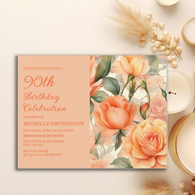 Postal De Invitación Elegante Naranja Peach Rosas Florales 90 cumpleaño (Peach roses 90th birthday party postcard invitation)