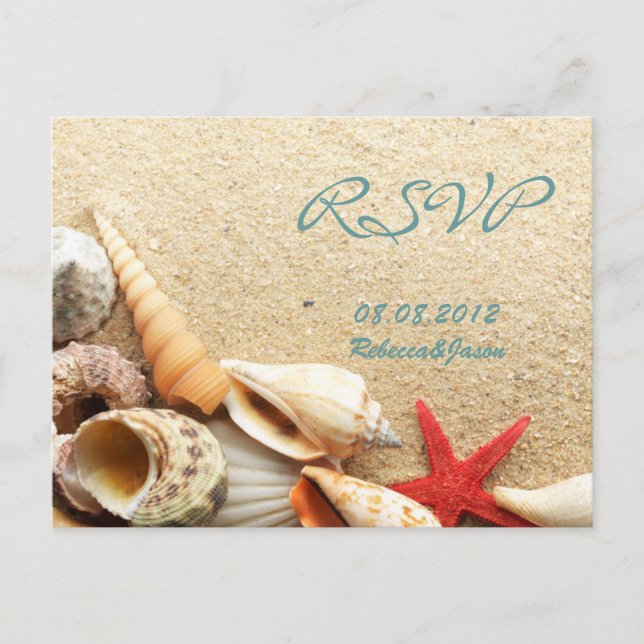 Postal De Invitación elegante océano arena marejadas playa rsvp boda (Anverso)