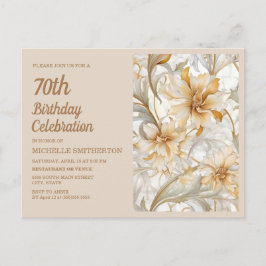 Postal De Invitación Elegante Oro Beige Floral 70 cumpleaños