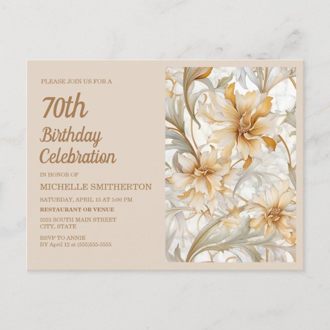 Postal De Invitación Elegante Oro Beige Floral 70 cumpleaños (Anverso)