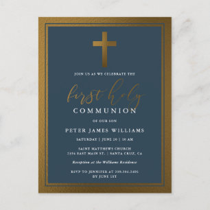 Postal De Invitación Elegante Oro y Marina Azul Primera Comunión Santa