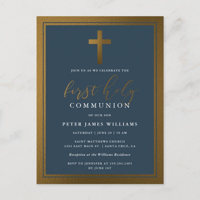 Postal De Invitación Elegante Oro y Marina Azul Primera Comunión Santa (Anverso)