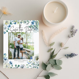 Postal De Invitación Elegante Pareja Floral Azul Foto Guardar la fecha