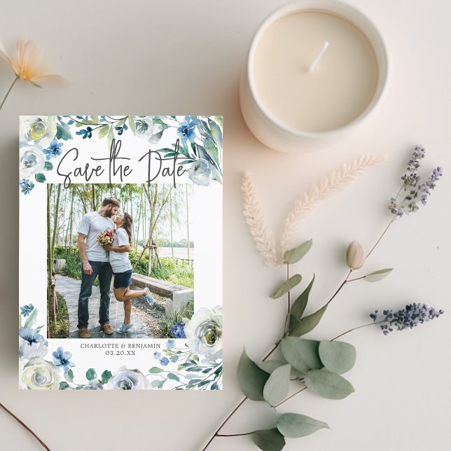 Postal De Invitación Elegante Pareja Floral Azul Foto Guardar la fecha (Subido por el creador)