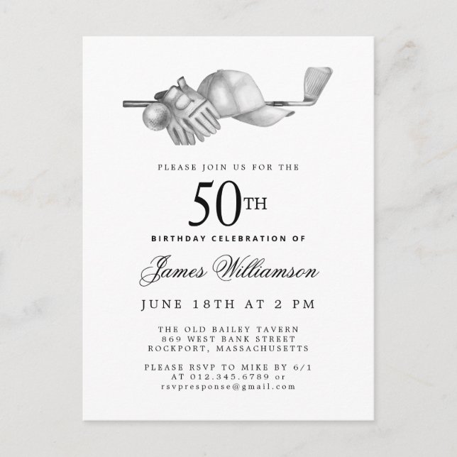 Postal De Invitación Elegante partido de 50 años del Golf Blanco Negro (Anverso)