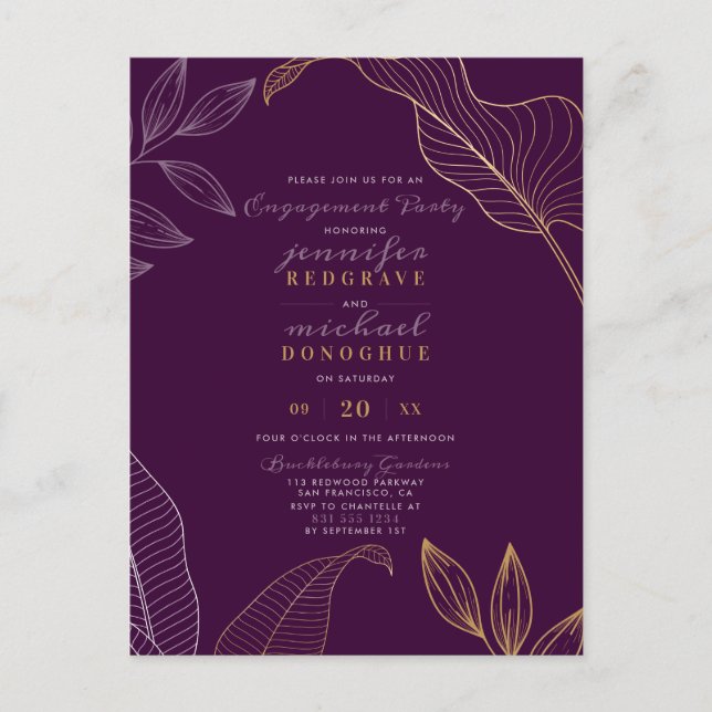 Postal De Invitación Elegante partido de compromiso moderno con el oro  (Anverso)