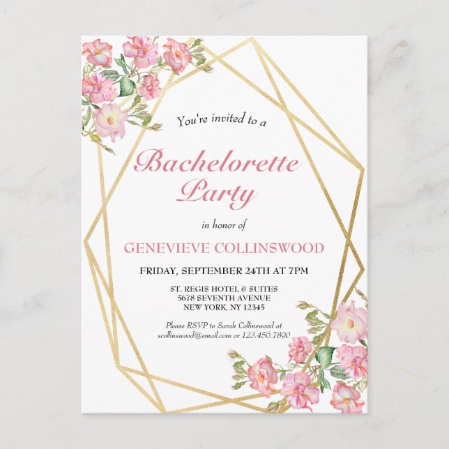 Postal De Invitación Elegante partido de soltera floral geométrica rosa (Anverso)