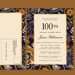 Postal De Invitación Elegante patrón azul y oro 100 cumpleaños