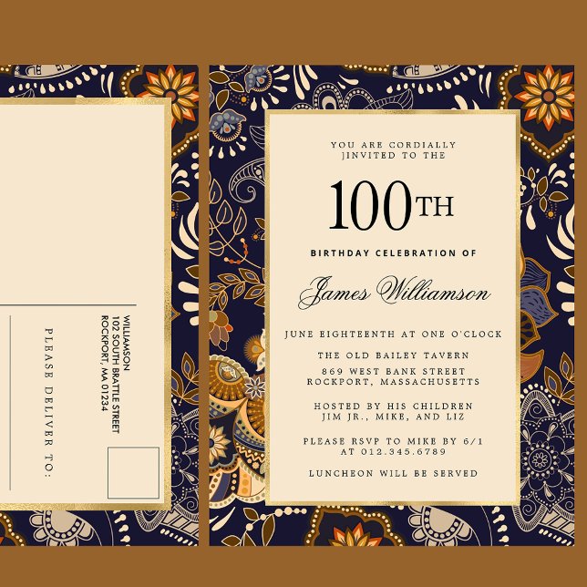 Postal De Invitación Elegante patrón azul y oro 100 cumpleaños (Subido por el creador)