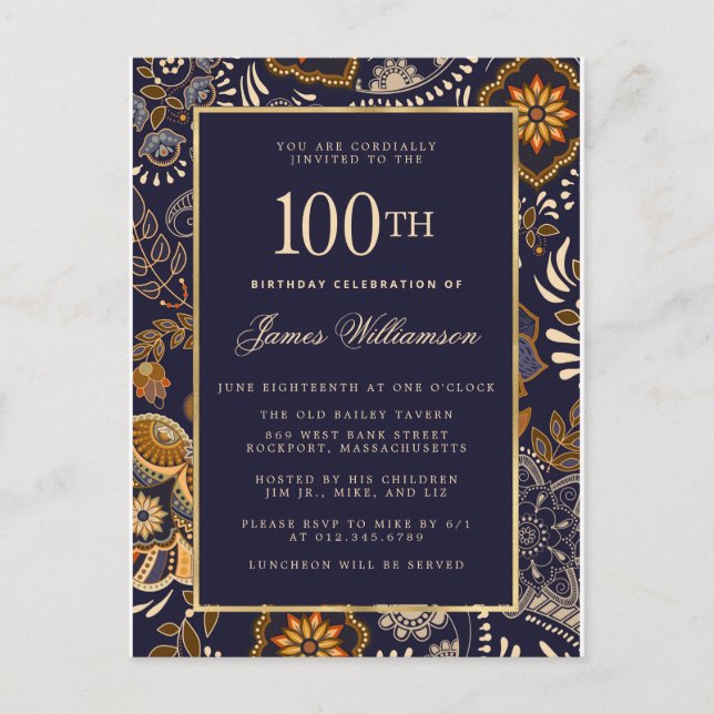 Postal De Invitación Elegante patrón azul y oro 100 cumpleaños (Anverso)