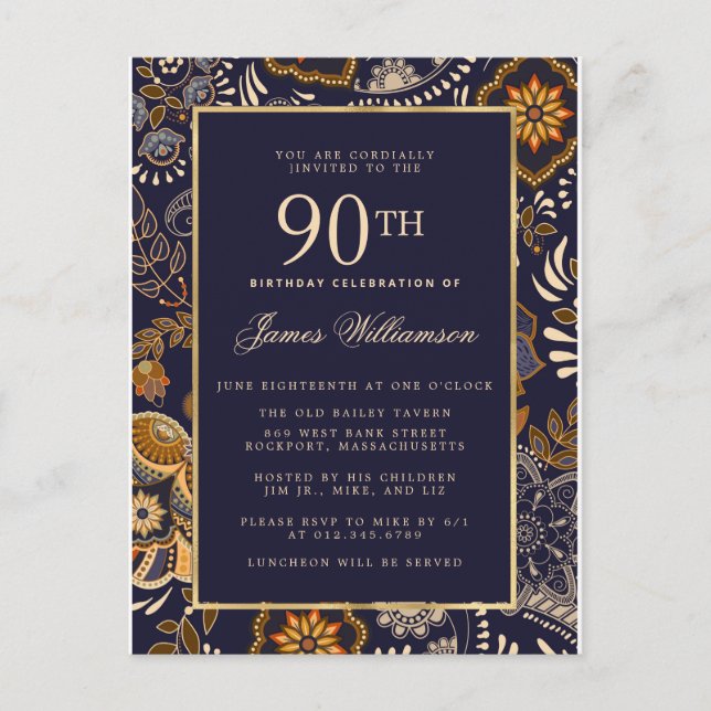 Postal De Invitación Elegante patrón azul y oro 90 cumpleaños (Anverso)