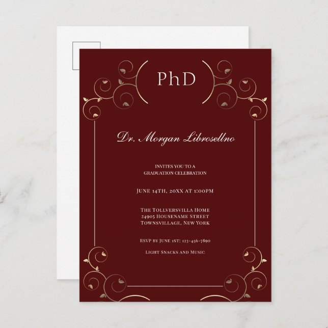 Postal De Invitación Elegante PhD Gold Burgundy (Anverso / Reverso)