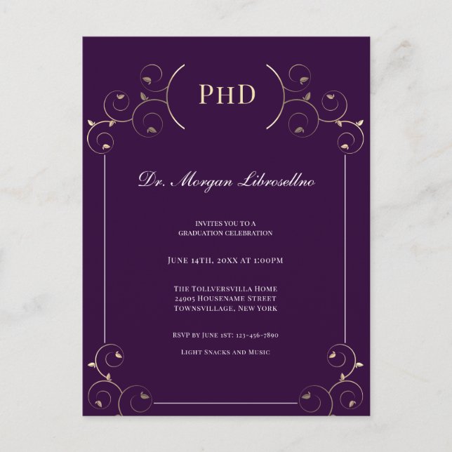 Postal De Invitación Elegante PhD grado Gold Morple Graduación (Anverso)