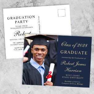 Postal De Invitación Elegante Photo College Blue Graduation Party