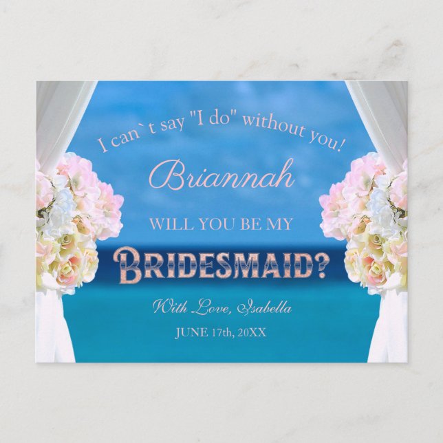 Postal De Invitación Elegante Playa Floral Oceánica Rosegold Bridesmaid (Anverso)