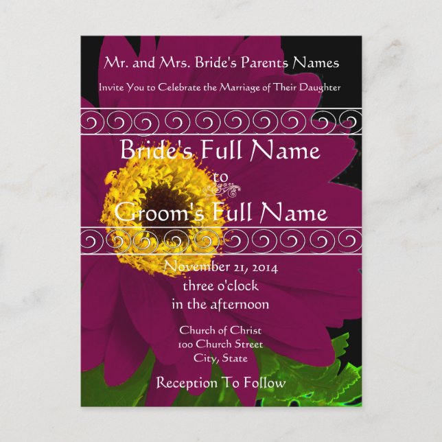 Postal De Invitación Elegante Plum Gerber Daisy Wedting (Anverso)