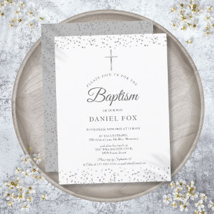 Postal De Invitación Elegante Polvo de Estrellas de Plata Bautizo