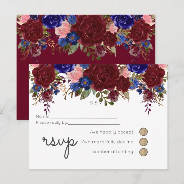Postal De Invitación Elegante presupuesto de Boda floral azul borgoñés (Anverso / Reverso)