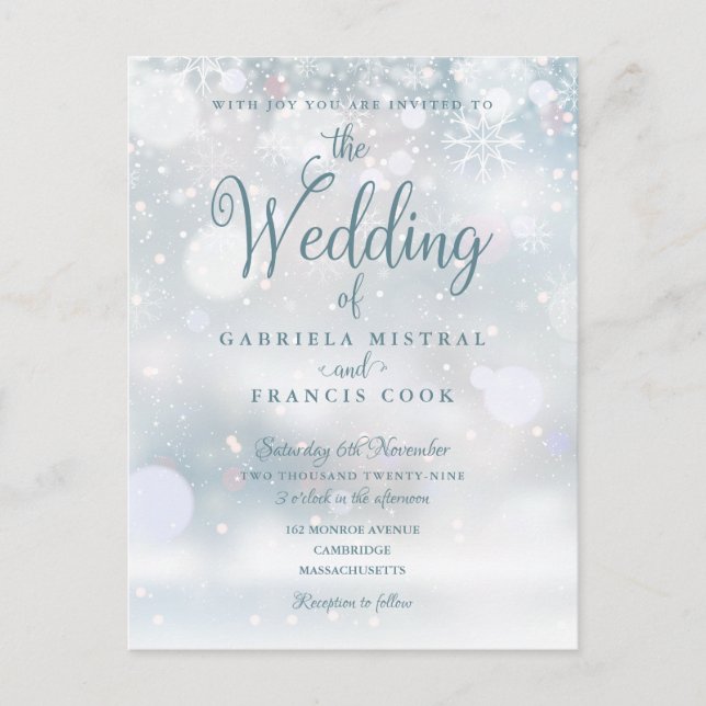 Postal De Invitación Elegante primera boda de invierno con copos de nie (Anverso)